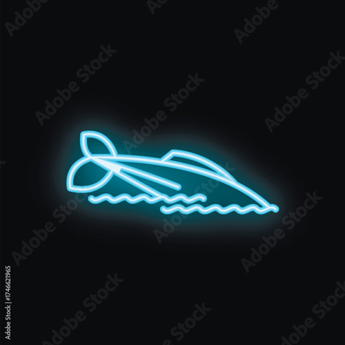 Blue neon sign of a speedboat sailing fast on stylized waves, on a black background