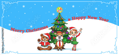 Funny wide cartoon vector greeting card for children. Merry Christmas and Happy New Year. Smiling cute teddy bear dressed as Santa, comical reindeer wearing tie and beautiful kawaii elf toon