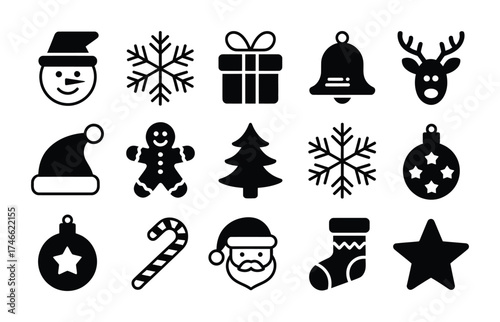 Christmas vector icon set with snowflake gift tree and reindeer