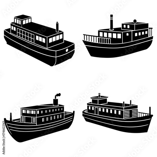 Four different ferry boat silhouettes with various designs and cabin structures isolated on a white background