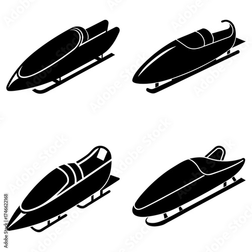 A collection of four black and white bobsleigh illustrations in a square format on a white background