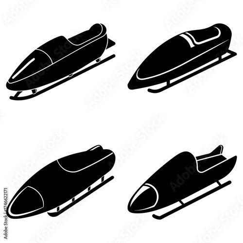 Illustration of four bobsleighs in black silhouette on a white background showing winter sports equipment