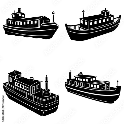 Four black and white silhouette illustrations of different types of boats and ships on a white background