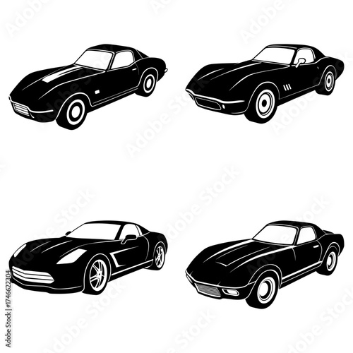 Four black and white classic sports cars in line art style on a white background design vector image