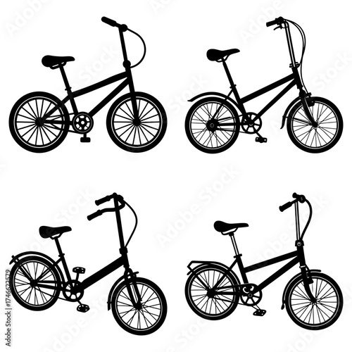 Silhouette illustration featuring four distinct bicycle designs with varying handlebar styles and frame types