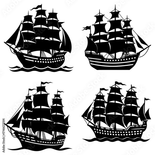 Four black silhouette sailing ships with multiple masts and sails on a white background illustration