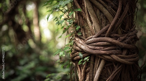 constraint. A tree trunk bound by thick vines in a forest, sunlight filtering through leaves. gardening catalogs, home-decor guides, designed for gardening and botanical catalogs.