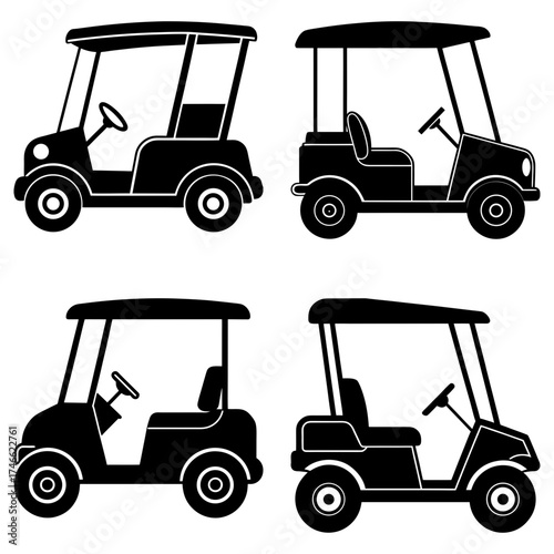 A collection of four black and white golf carts in a square arrangement with varying designs and orientations