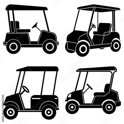 Collection of four black and white golf carts in varying styles and orientations on a white background