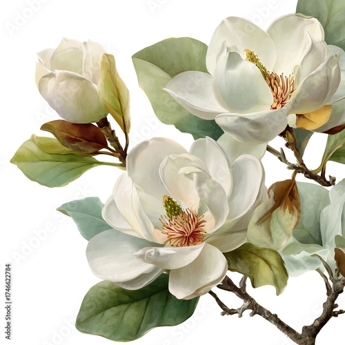 Side cluster of white magnolias with elegant blooms and glossy green leaves on transparent background