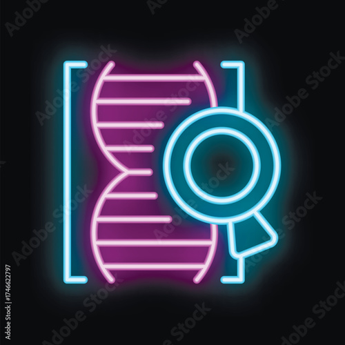Neon icon of a magnifying glass analyzing a dna structure, representing genetic research and analysis