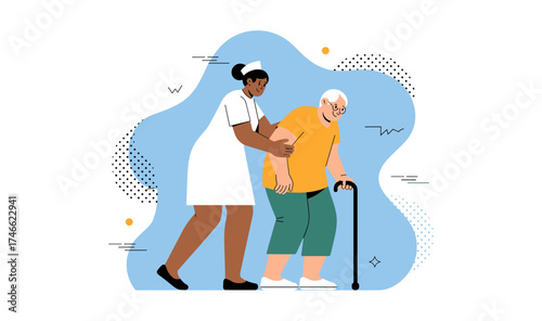 nurse helping an elderly man to walk vector illustration 