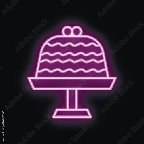 Purple neon sign representing cake standing on pedestal, isolated over black background