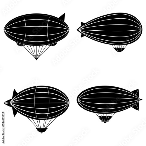 Illustration of four black zeppelins with varied designs against a white background in a simple style