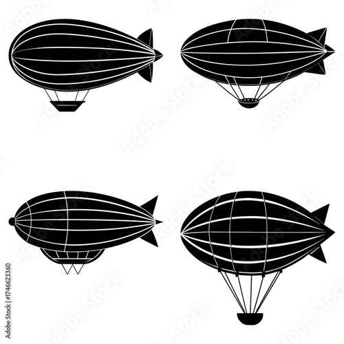 Illustration of four black and white airships with gondolas and tail fins in various orientations