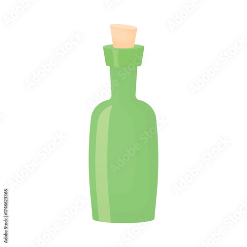 A cartoon green glass bottle on a white background. A bottle of alcohol. A pirate bottle of rum.