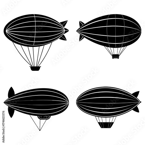 Collection of four black and white zeppelin airships with gondolas in various perspectives and designs