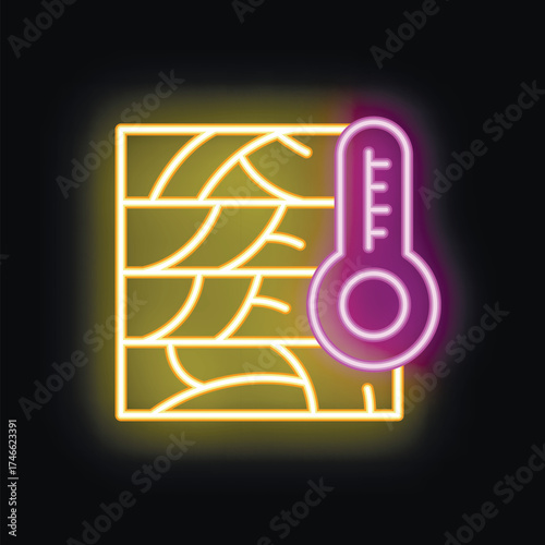 Neon glowing icon of dry soil with cracks and a thermometer indicating high temperature