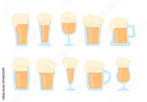 A set of various types of light beer mugs with thick foam on a white background. Oktoberfest elements.