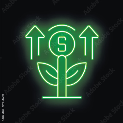 Neon green glowing icon of a plant growing with a dollar sign for a flower and up arrows on a black background