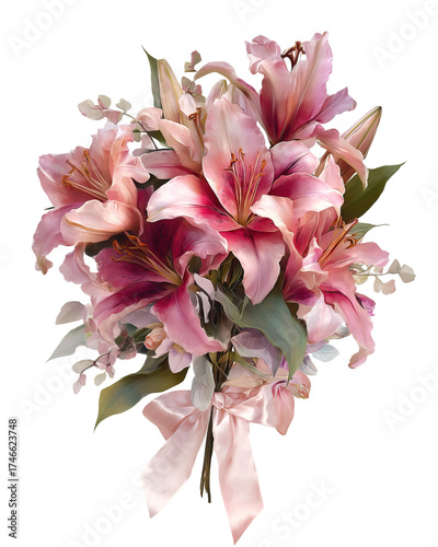 Side view pink lilies cluster with luxurious blooms and long stems on transparent background