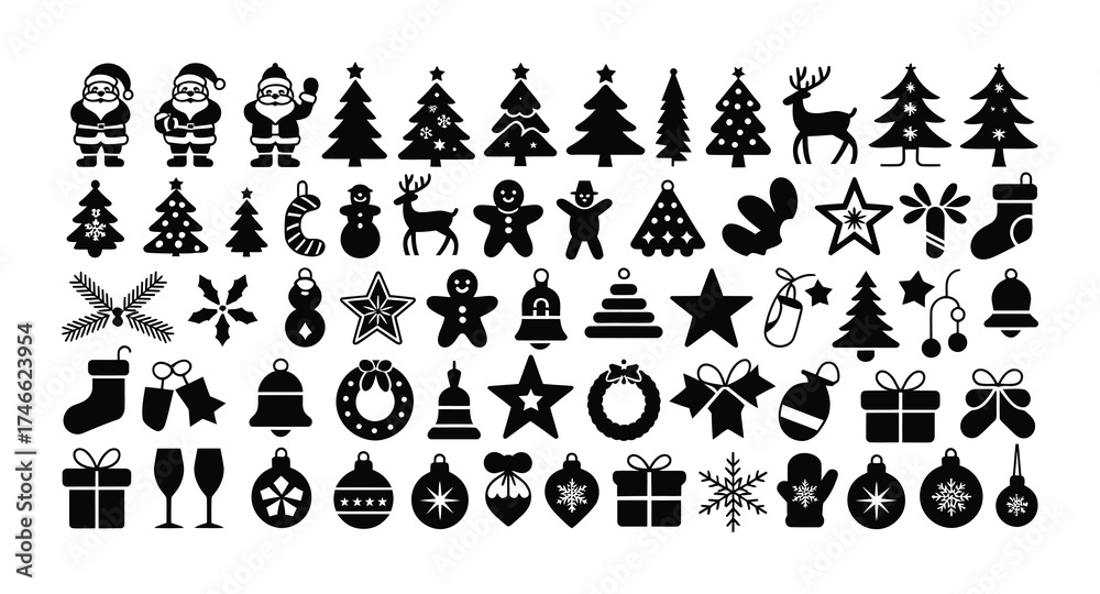 Fototapeta premium Christmas silhouette icon pack with Santa tree bell gift and snowflake