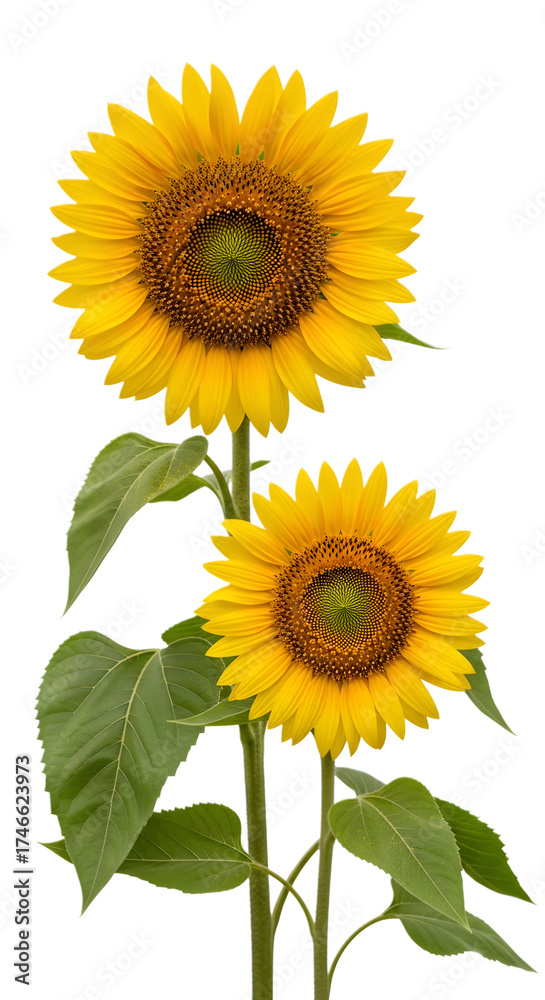 Naklejka premium sunflowers, fully bloomed with distinct dark centers and green leaves, standing gracefully against a pure white backdrop, symbolizing natural beauty and the warmth of summer