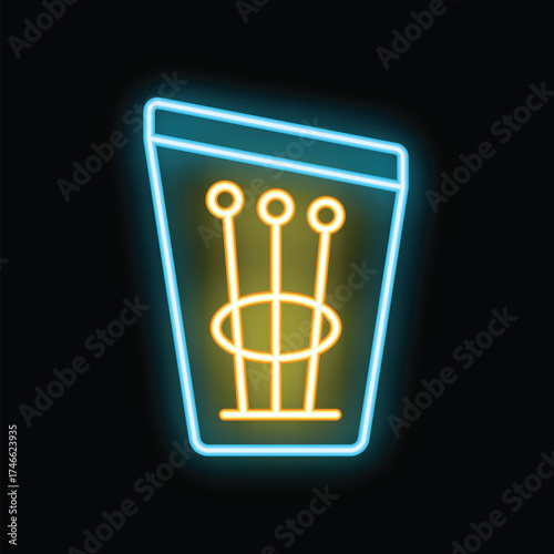 Glowing neon line icon of three knitting needles in box is isolated on black background for handmade or tailor logo