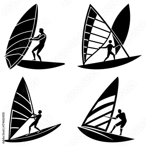 Four black and white silhouette illustrations of windsurfers on boards with sails on a white background
