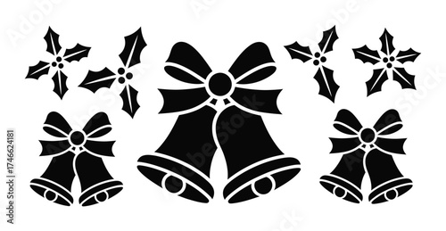 Christmas bells and holly leaves vector silhouette decoration