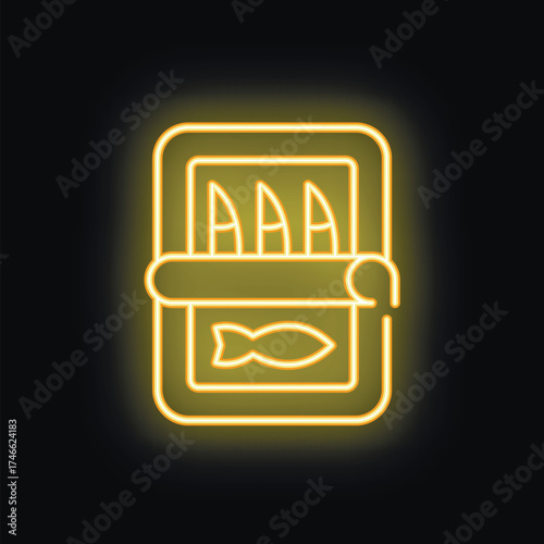 Neon sign of canned sardines with a key glowing on a black background