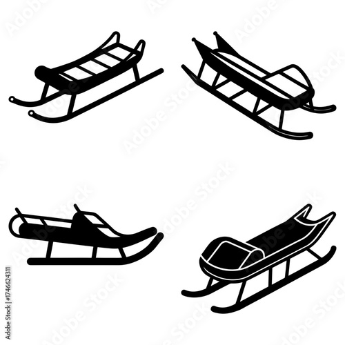 Illustration showing four different sled designs in black silhouette on a white background layout design