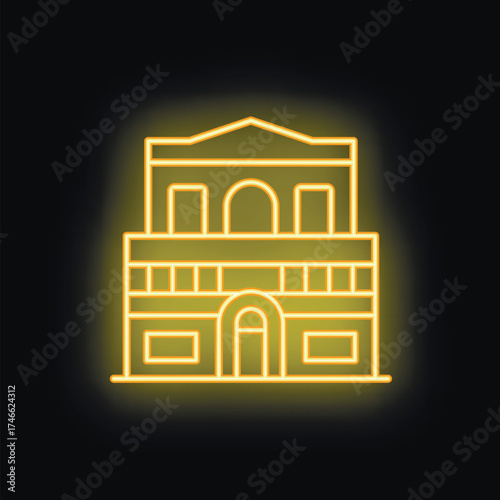 This glowing neon icon depicts a majestic building, radiating an aura of grandeur and sophistication