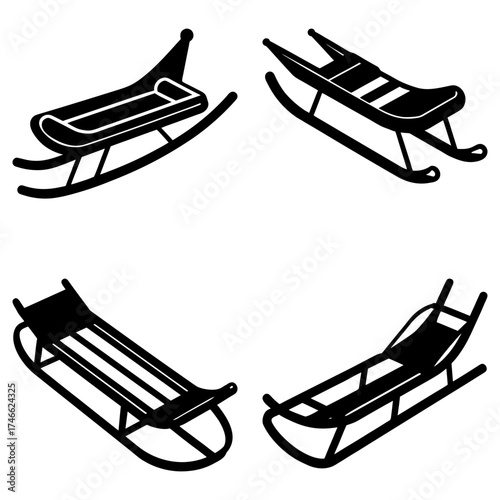 Four sleds in black and white showing different designs for winter fun and recreational activities outdoors