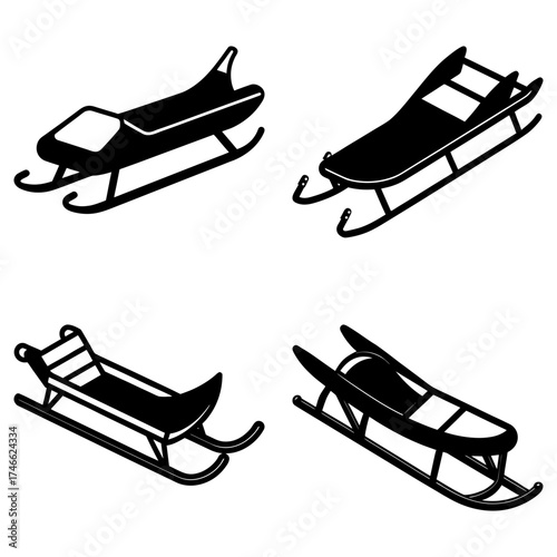 Four different sled designs are displayed in a black and white illustration with a simple style art