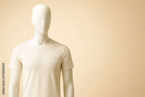 A clean studio image featuring a plain white t-shirt on a mannequin against a warm beige backdrop. Simple, versatile product shot suitable for fashion, ecommerce, branding, or marketing materials.