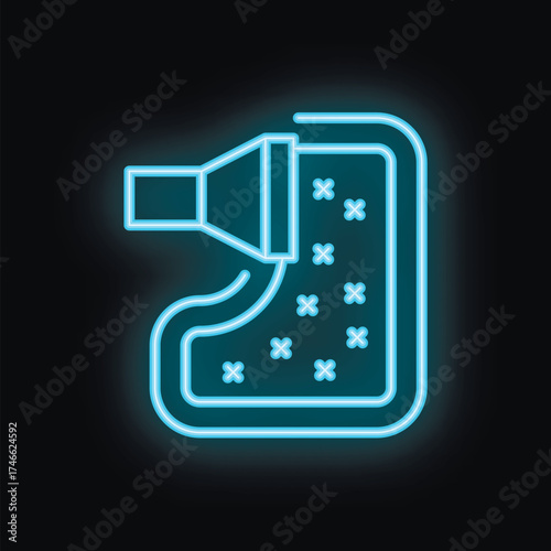 Blue neon sign of pool cleaning service with water and stars glowing on a brick wall background