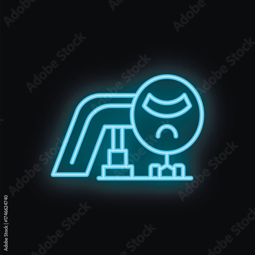 Glowing blue neon sign of a playground with a sad face on a black background