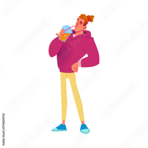 A Teenager Happily Enjoying a Refreshing Drink While Dressed in Relaxed, Casual Attire