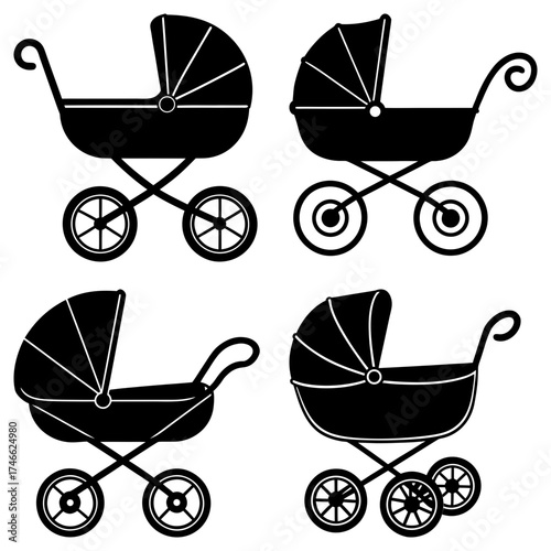 Four black and white silhouette illustrations of baby carriages or prams in various styles and orientations