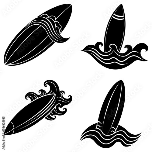 Four surfboard illustrations with wave designs in black and white vector format for creative projects