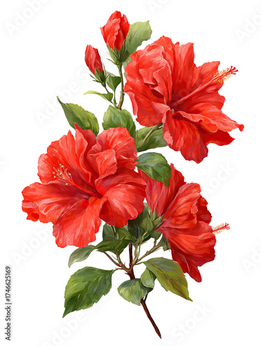 Premium side cluster of red hibiscus flowers and leaves detailed on transparent background