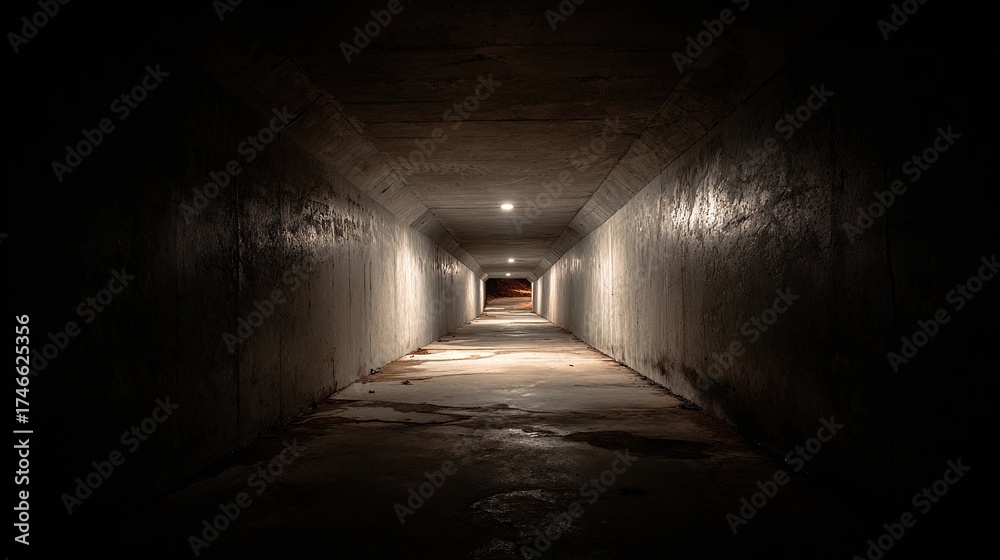 Fototapeta premium passageway. A long dark tunnel with rough concrete walls and a distant point of light. travel magazines, destination branding, designed for outdoor magazines and nature guides.