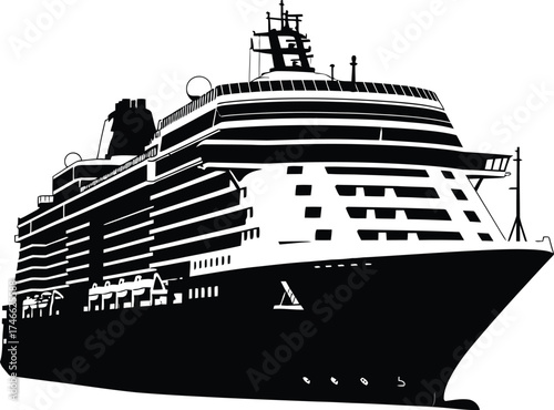 Silhouette of a modern cruise ship isolated on white background, representing luxury travel, vacation, and the allure of ocean voyages