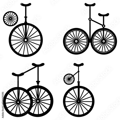 Illustration of four unicycles with different wheel configurations in black and white design style