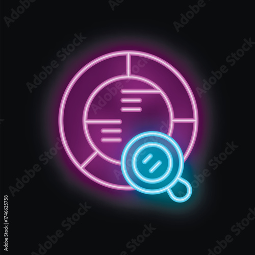 Neon icon of a magnifying glass analyzing a pie chart, representing data analysis and market research