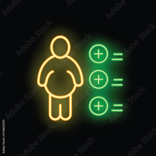 Neon sign depicting a person gaining weight, illustrated by plus symbols