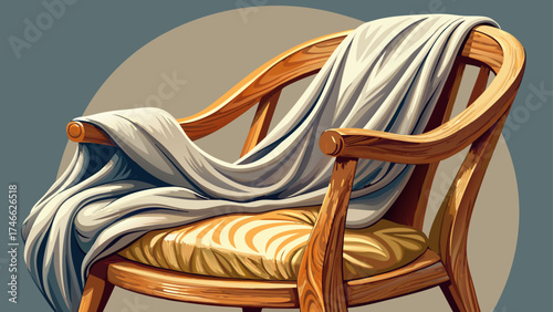 Very beautiful close-up wooden chair with soft textile seat, elegant natural texture, smooth curves, and realistic 3D render design, perfect for modern interior vector illustration and cozy home 