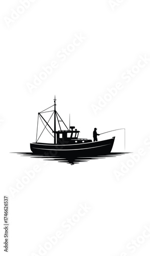 Silhouette of a fishing boat with a fisherman isolated on white background, casting a line, symbolizing angling, recreation, and the tranquility of the sea