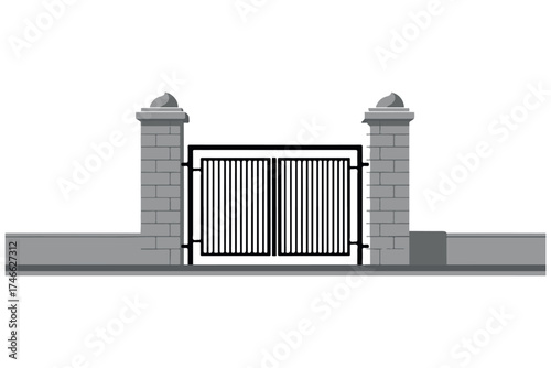 Sturdy stone gate with wrought iron bars and decorative pillars, set against a plain background, isolated on transparent background